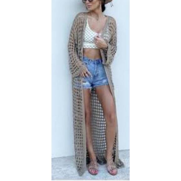 J Lux Label Cardigan Sweater L Khaki Taupe Crochet Knit Belt Long Duster Cover - Picture 1 of 8